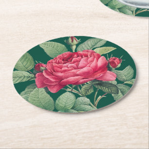 Red Rose Flowers with Green Leaves Round Paper Coaster