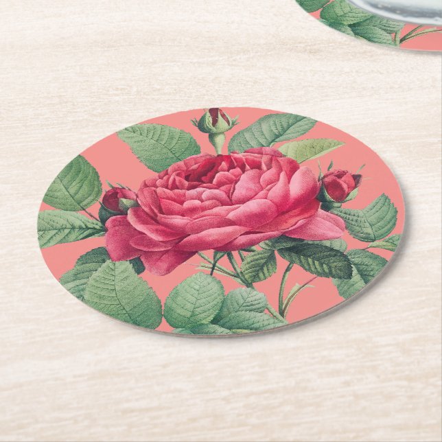 Red Rose Flowers with Green Leaves Round Paper Coaster (Angled)