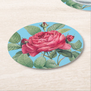 Red Rose Flowers with Green Leaves Round Paper Coaster