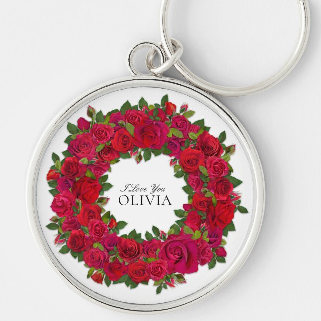 Red Rose Frame Custom Text Key Ring (Front)
