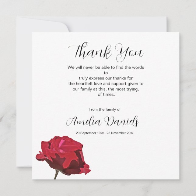 Red Rose Funeral Thank You Card (Front)