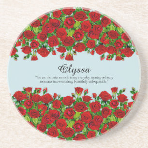 Red Rose Garden Floral Custom Name Romantic Coaster