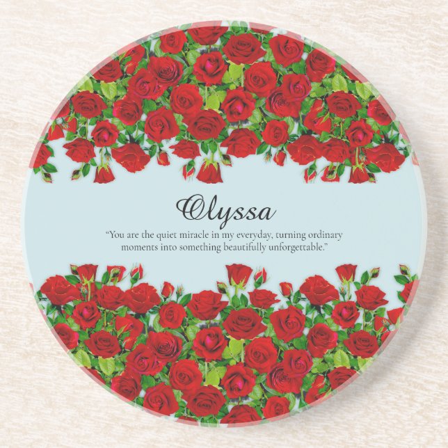 Red Rose Garden Floral Custom Name Romantic Coaster (Front)