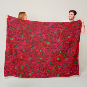 Red Rose Garden Floral Seamless Romantic Pattern Fleece Blanket