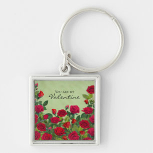 Red Rose Garden Valentine Floral Custom Text Key Ring