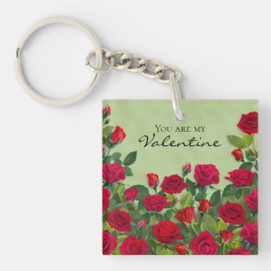 Red Rose Garden Valentine Floral Custom Text Key Ring