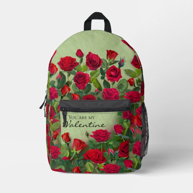 Red Rose Garden Valentine Floral Custom Text Printed Backpack (Front)