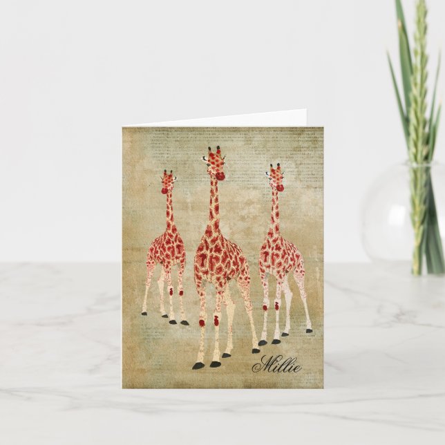 Red Rose Giraffes Personalised Notecard (Front)