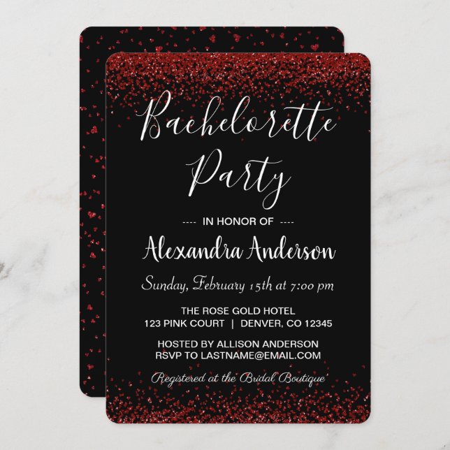 Red Rose Glitter Sparkle Bachelorette Party Invitation (Front/Back)