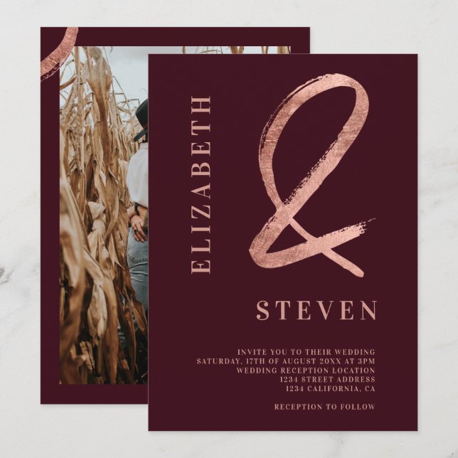 Red rose gold ampersand names photo wedding invitation (Front/Back)