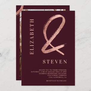 Red rose gold ampersand names photo wedding invitation