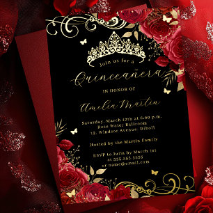 Red Rose Gold Black Floral Swirl Quinceanera