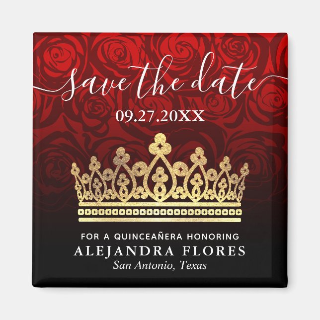 Red Rose Gold Black Quinceanera Save the Date Magnet (Front)