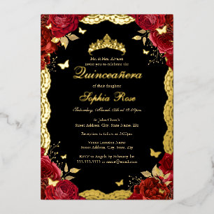 Red Rose Gold Butterfly Lace Quinceanera Birthday 