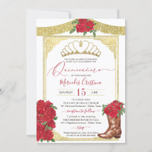 Red Rose & Gold Charra Floral Boot Quinceanera  In Invitation