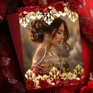 Red Rose Gold Damask Floral Photo Quinceanera