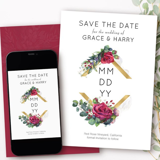 Red Rose Gold Diamond Geometric Frame Save The Date (Modern Save the Date from my Red Rose and Eucalyptus collection)