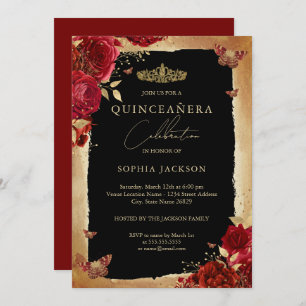 Red Rose Gold Elegant Quinceanera Invitation