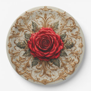 🌸 Red Rose Gold Floral Elegant Home Style 🌸 Paper Plate