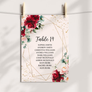 Red Rose & Gold Floral Wedding Seating Chart Cards