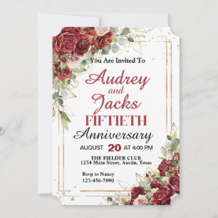 Red Rose Gold Frame Anniversary Party Card