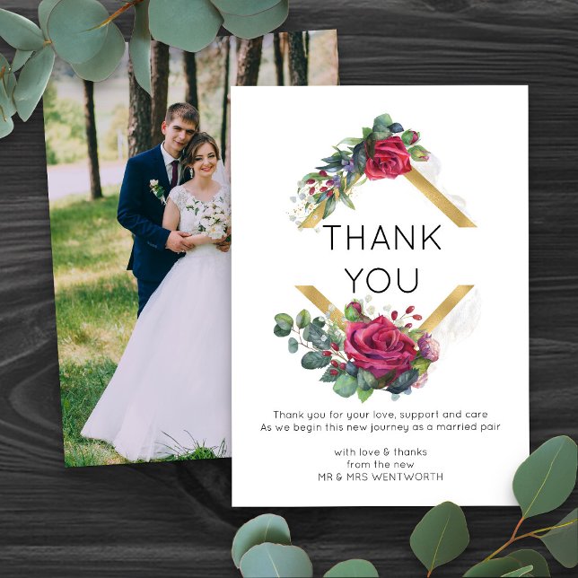 Red Rose Gold Geometric Frame Wedding Thank You (Wedding photo thank you cards with floral gold frame - Red Rose and Eucalyptus Wedding Collection)