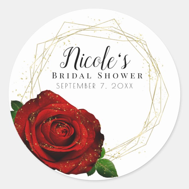 Red Rose Gold Geometric Glam Bridal Shower Classic Round Sticker (Front)