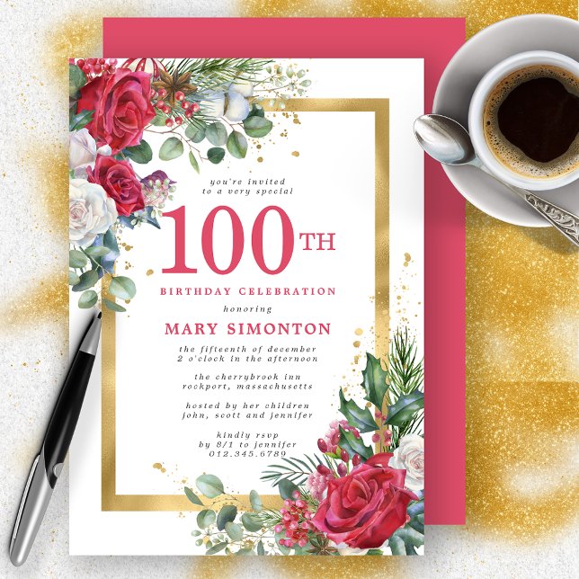 Red Rose Gold Holly 100th Birthday Invitation (Creator Uploaded)