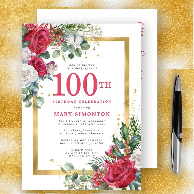 Red Rose Gold Holly 100th Birthday Invitation Postcard (Creator Uploaded)