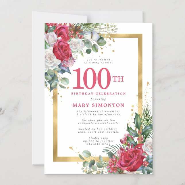Red Rose Gold Holly 100th Birthday Magnetic Invitation (Front)