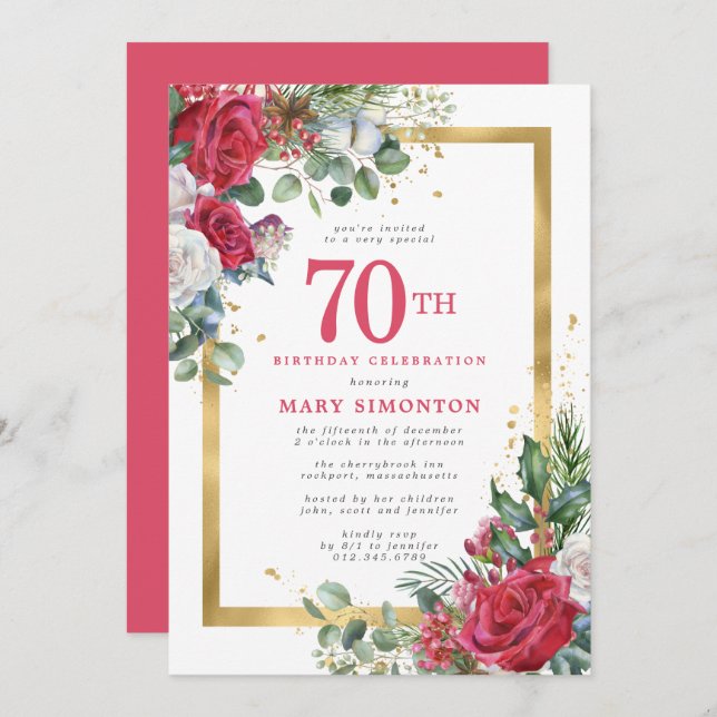 Red Rose Gold Holly 70th Birthday Invitation (Front/Back)