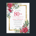 Red Rose Gold Holly 80th Birthday Invitation Postcard<br><div class="desc">Beautiful red and white roses are nestled in holly and eucalyptus leaves to create an elegant floral display. They decorate a wide gold frame and are dappled with gold confetti dust. 80th birthday celebration and the person's name is written in a large red text. There is more room on the...</div>