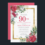 Red Rose Gold Holly 90th Birthday Invitation<br><div class="desc">Beautiful red and white roses are nestled in holly and eucalyptus leaves to create an elegant floral display. They decorate a wide gold frame and are dappled with gold confetti dust. 90th birthday celebration and the person's name is written in a large red text. All of the text can be...</div>