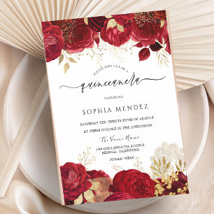 Red Rose Gold Leaf Quinceanera Invitation