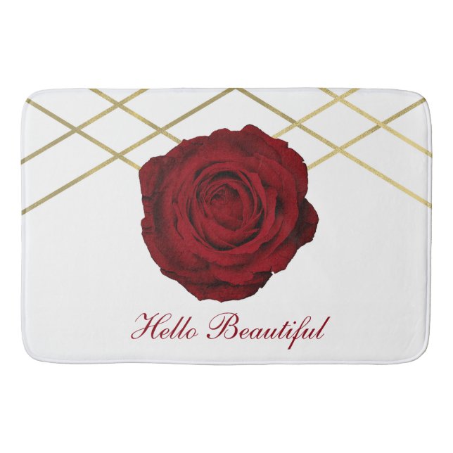 Red Rose & Gold Lines Floral Chic Glam Elegant Bath Mat (Front)