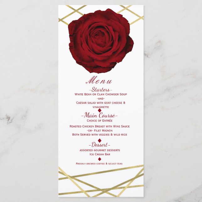 Red Rose & Gold Lines Floral Elegant Party Menu (Front)