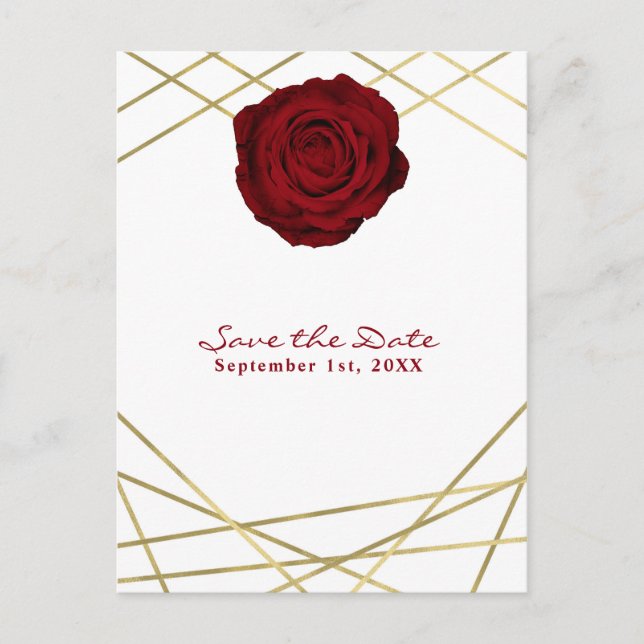 Red Rose & Gold Lines Floral Elegant Save the Date Announcement Postcard (Front)