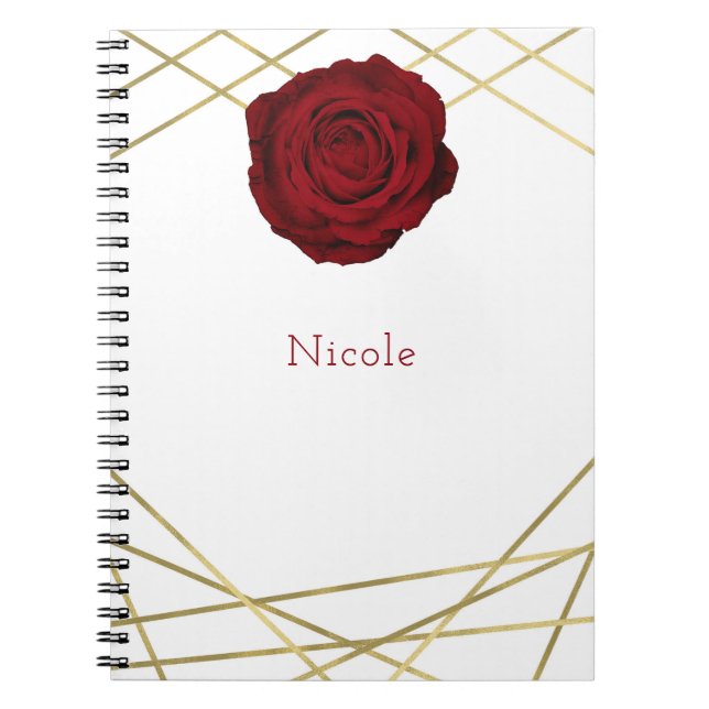 Red Rose & Gold Lines Floral Geometric Glam Custom Notebook (Front)