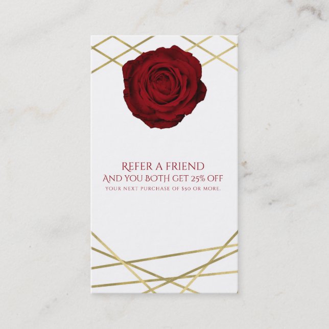 Red Rose & Gold Lines Floral Glam Refer a Friend Referral Card (Front)
