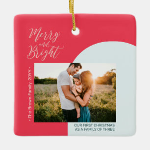 Red & Rose Gold Modern Photo Christmas Family Cera Ceramic Ornament