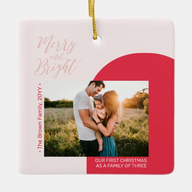 Red & Rose Gold Modern Photo Christmas Family Ceramic Ornament (Front)