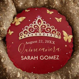  Red Rose Gold Quinceanera  Round Cushion