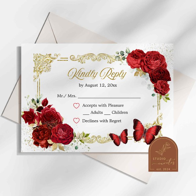 Red Rose Gold Quinceañera RSVP Card (Creator Uploaded)
