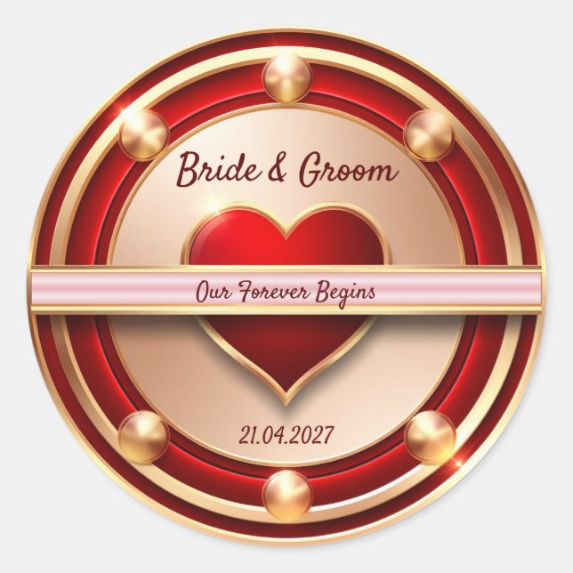 🌸 Red Rose Gold Romantic Wedding Theme 💖 Classic Round Sticker (Front)
