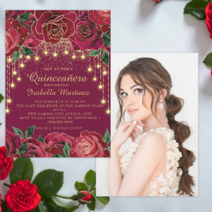 Red Rose Gold String Light Star Photo Quinceañera  Invitation