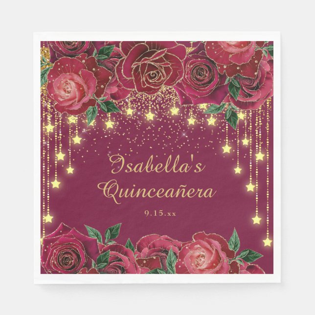 Red Rose Gold String Light Stars Quinceañera  Napkin (Front)
