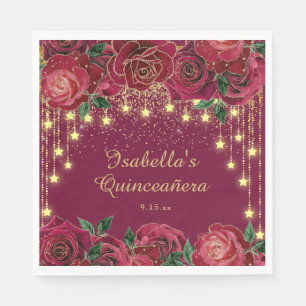 Red Rose Gold String Light Stars Quinceañera  Napkin