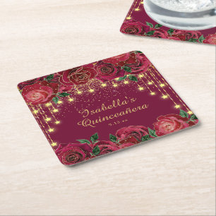 Red Rose Gold String Light Stars Quinceañera  Square Paper Coaster