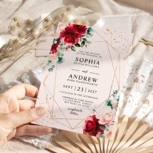 Red Rose & Gold Watercolor Floral Wedding Invitation
