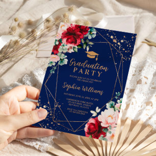Red Rose & Gold Watercolor Graduation Party Invitation